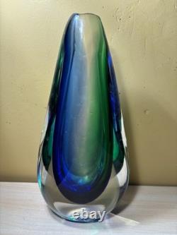 Vintage Sommerso Art Glass Vase Blue Green Heavy Signed Studio GlassMurano Style