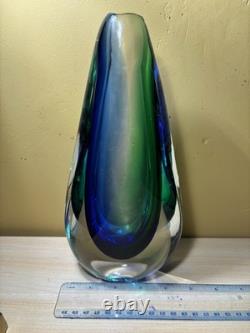 Vintage Sommerso Art Glass Vase Blue Green Heavy Signed Studio GlassMurano Style