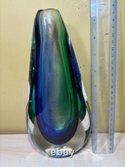 Vintage Sommerso Art Glass Vase Blue Green Heavy Signed Studio GlassMurano Style