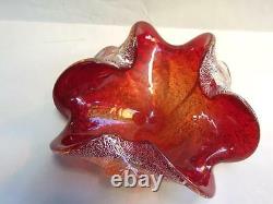 Vintage Sommerso Murano Red Art Glass Bowl Silver Foil Italy Mid -Century 1950's