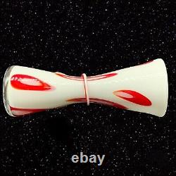 Vintage Studio Art Glass Dotted Red White Applied Ribbon Tall Vase 13.25T 5W