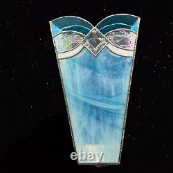 Vintage Studio Stained Art Glass Vase Blue W Stone Opaline Iridescent 12T 7W