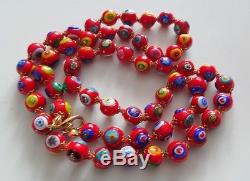 Vintage Stunning Venetian Millefiori Glass Beads Murano Red Necklace