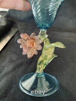 Vintage Tall Venetian Aqua Blue Spiraled Murano Glass With Flowers on Stem