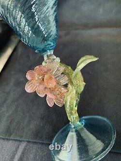 Vintage Tall Venetian Aqua Blue Spiraled Murano Glass With Flowers on Stem