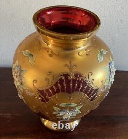 Vintage Tre Fuochi Italian Venetian Murano Bohemian Red & Gold Floral Vase