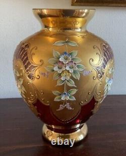 Vintage Tre Fuochi Italian Venetian Murano Bohemian Red & Gold Floral Vase