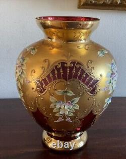 Vintage Tre Fuochi Italian Venetian Murano Bohemian Red & Gold Floral Vase