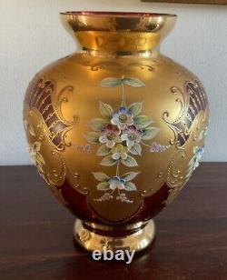 Vintage Tre Fuochi Italian Venetian Murano Bohemian Red & Gold Floral Vase