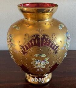 Vintage Tre Fuochi Italian Venetian Murano Bohemian Red & Gold Floral Vase