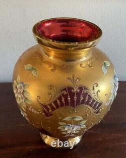 Vintage Tre Fuochi Italian Venetian Murano Bohemian Red & Gold Floral Vase