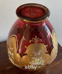 Vintage Tre Fuochi Italian Venetian Murano Bohemian Red & Gold Floral Vase