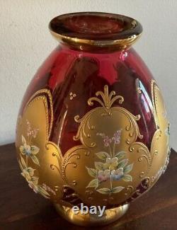 Vintage Tre Fuochi Italian Venetian Murano Bohemian Red & Gold Floral Vase