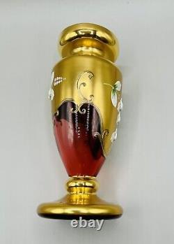 Vintage Trefuochi Murano 24k Gold Vase Cranberry Glass Italy Raised Floral 7 in