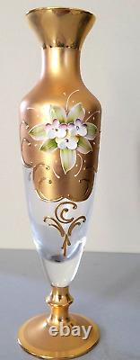 Vintage Trefuochi Murano Italy 24k Gold Vase Clear Glass Raised Floral Signed