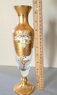 Vintage Trefuochi Murano Italy 24k Gold Vase Clear Glass Raised Floral Signed