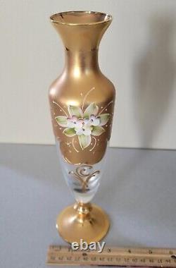 Vintage Trefuochi Murano Italy 24k Gold Vase Clear Glass Raised Floral Signed