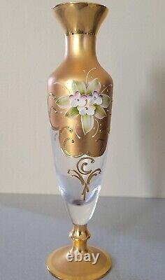 Vintage Trefuochi Murano Italy 24k Gold Vase Clear Glass Raised Floral Signed