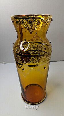 Vintage Vecchia Murano Italian Amber Art Glass Pitcher Gold & Jewel Inlays