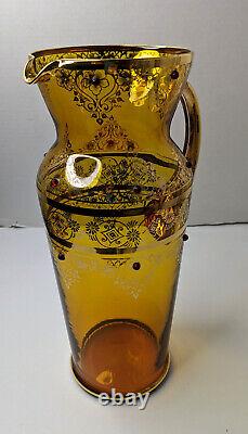 Vintage Vecchia Murano Italian Amber Art Glass Pitcher Gold & Jewel Inlays