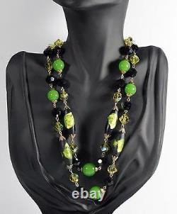 Vintage Vendome Black Green Venetian Murano Art Glass Double Strand Necklace