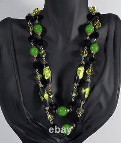 Vintage Vendome Black Green Venetian Murano Art Glass Double Strand Necklace