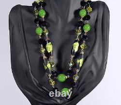 Vintage Vendome Black Green Venetian Murano Art Glass Double Strand Necklace