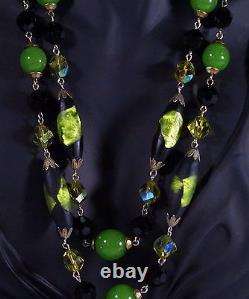 Vintage Vendome Black Green Venetian Murano Art Glass Double Strand Necklace