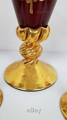 Vintage Venetian 22kt Gold Painted Ruby Decanter Set 19 Murano Glass SIGNED