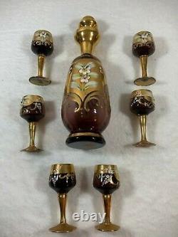 Vintage Venetian Art Murano Italy Hand Painted Glass Decanter Set Gold Floral
