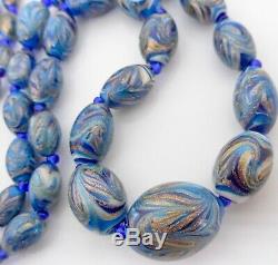 Vintage Venetian Feather Swirl Glass Bead Necklace Blue Gold Fine Murano Glass