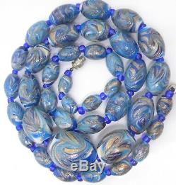 Vintage Venetian Feather Swirl Glass Bead Necklace Blue Gold Fine Murano Glass