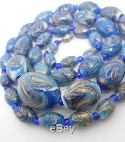 Vintage Venetian Feather Swirl Glass Bead Necklace Blue Gold Fine Murano Glass