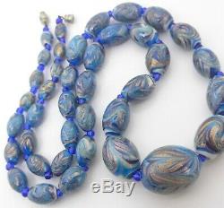 Vintage Venetian Feather Swirl Glass Bead Necklace Blue Gold Fine Murano Glass