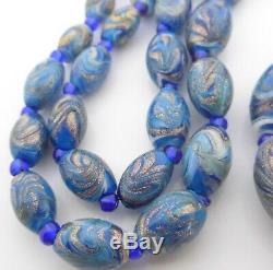 Vintage Venetian Feather Swirl Glass Bead Necklace Blue Gold Fine Murano Glass