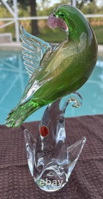 Vintage Venetian Green Gold Fleck Murano Art Glass Parakeet/ Cockatiel Bird