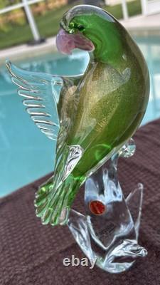 Vintage Venetian Green Gold Fleck Murano Art Glass Parakeet/ Cockatiel Bird