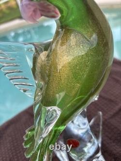 Vintage Venetian Green Gold Fleck Murano Art Glass Parakeet/ Cockatiel Bird