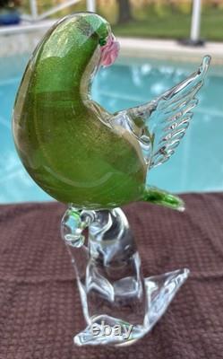 Vintage Venetian Green Gold Fleck Murano Art Glass Parakeet/ Cockatiel Bird