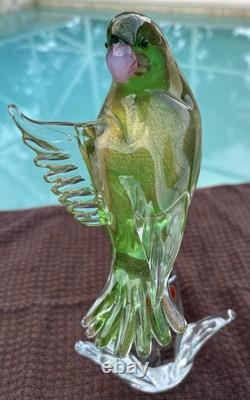Vintage Venetian Green Gold Fleck Murano Art Glass Parakeet/ Cockatiel Bird