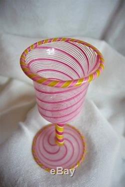 Vintage Venetian MURANO Pink Yellow Ribbon Swirl Filigrana Wine Cordial Goblet