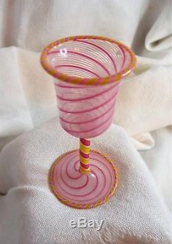 Vintage Venetian MURANO Pink Yellow Ribbon Swirl Filigrana Wine Cordial Goblet