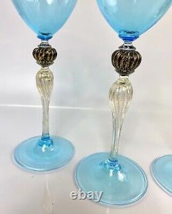 Vintage Venetian Murano Art Glass Goblets (4) Gold Fleck Stems Bright Blue 8.5