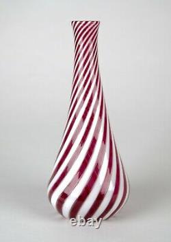 Vintage Venetian Murano Blown Art Glass Bottle Vase Red & White Stripe Swirl