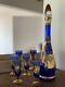 Vintage Venetian Murano Cobalt Blue With 24k Gold Decanter And Glasses