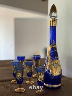 Vintage Venetian Murano Cobalt Blue With 24k Gold Decanter And Glasses