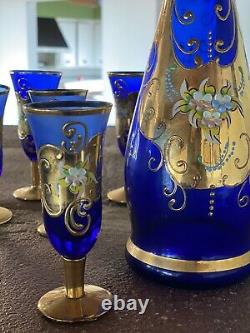 Vintage Venetian Murano Cobalt Blue With 24k Gold Decanter And Glasses