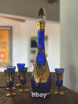 Vintage Venetian Murano Cobalt Blue With 24k Gold Decanter And Glasses