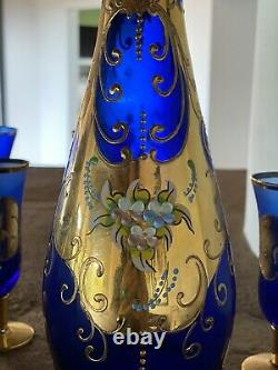 Vintage Venetian Murano Cobalt Blue With 24k Gold Decanter And Glasses