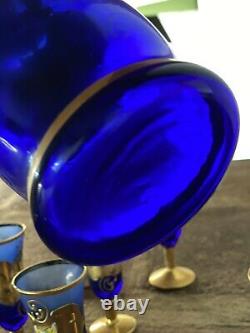 Vintage Venetian Murano Cobalt Blue With 24k Gold Decanter And Glasses